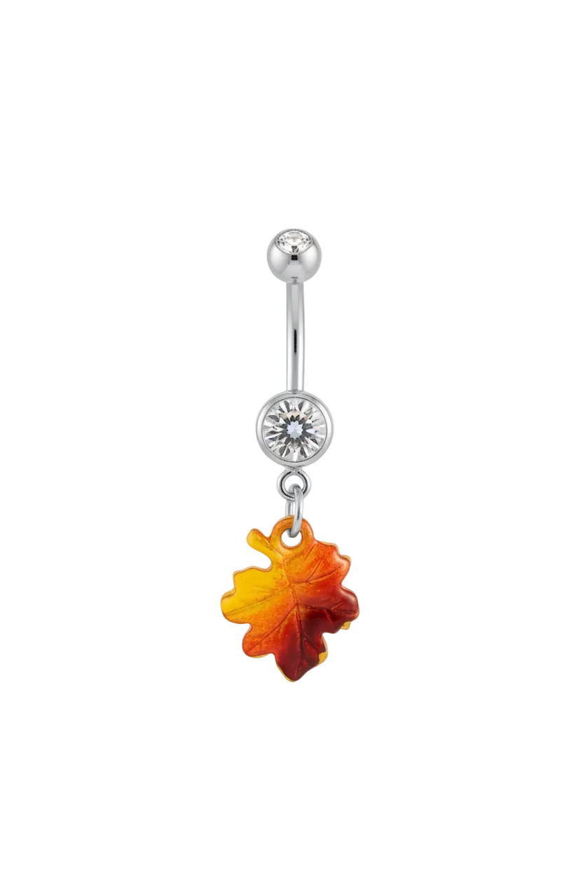 Clear Crystal Maple Leaf Belly Button Ring in 316l stainless steel close up detail.