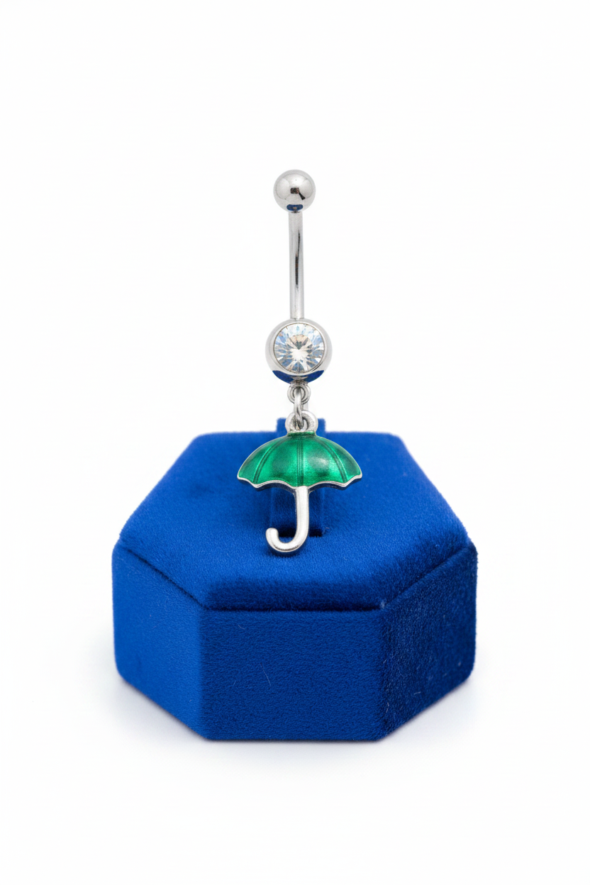 Clear Crystal Green Umbrella Belly Button Ring in 316l stainless steel on a blue velvet jewelry display.