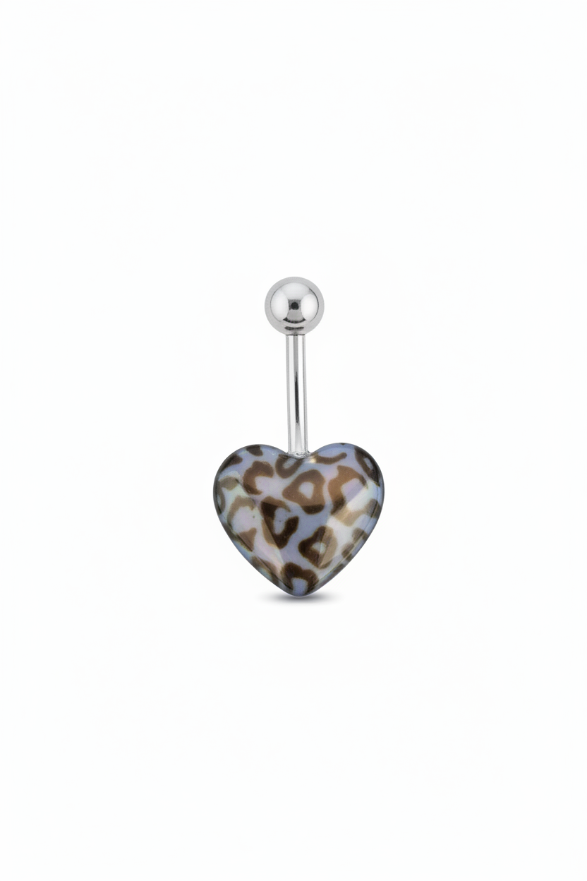 Blue Leopard Print Heart acrylic belly button ring in 316l stainless steel