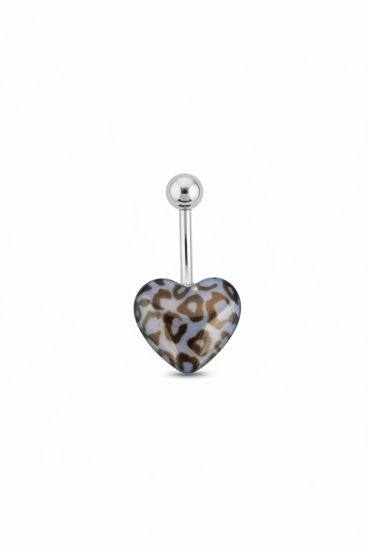 Blue Leopard Print Heart acrylic belly button ring in 316l stainless steel