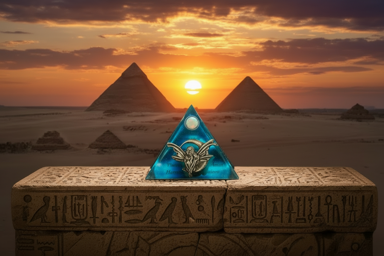 Aqua Fairy on Moon Mini Glass Pyramid Keepsake Box on a stone surface with Giza plateau in the background.