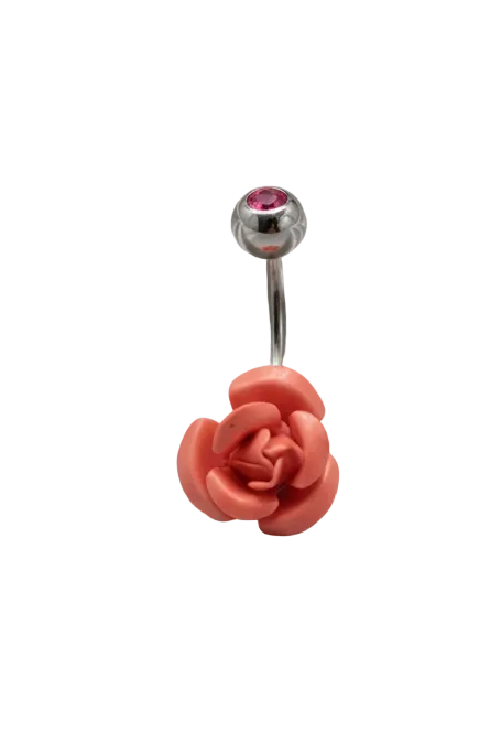 Red Rose Belly Button Ring in 316l stainless steel close up detail.