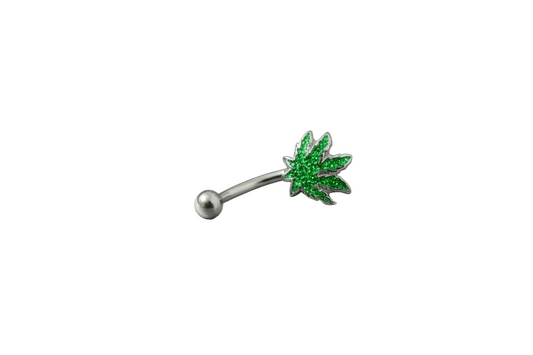 Sparkle Green Leaf Steel Eyebrow Ring in 316l stainless steel close up detail.