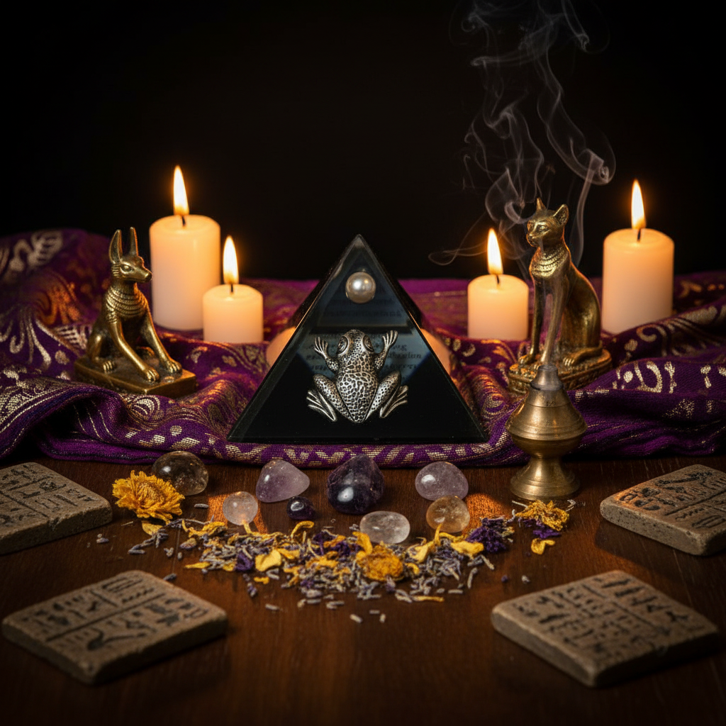 Black Frog Mini Glass Pyramid Keepsake Box on an Egyptian altar.