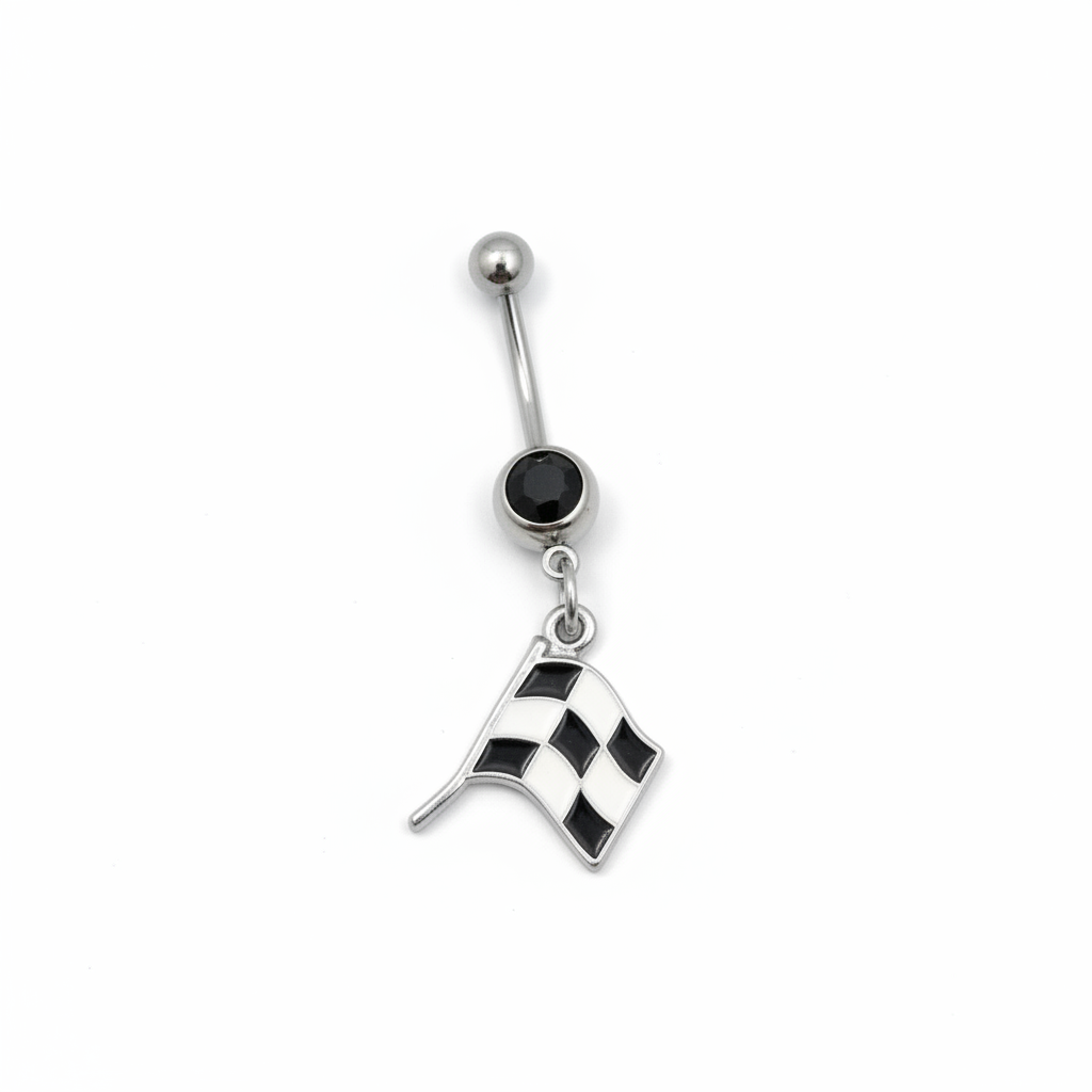 Black Crystal Race Flag Belly Button Ring in 316l stainless steel close up detail.