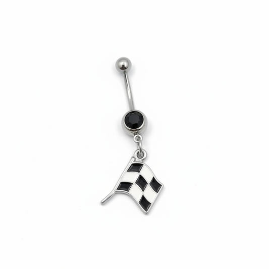 Black Crystal Race Flag Belly Button Ring in 316l stainless steel close up detail.