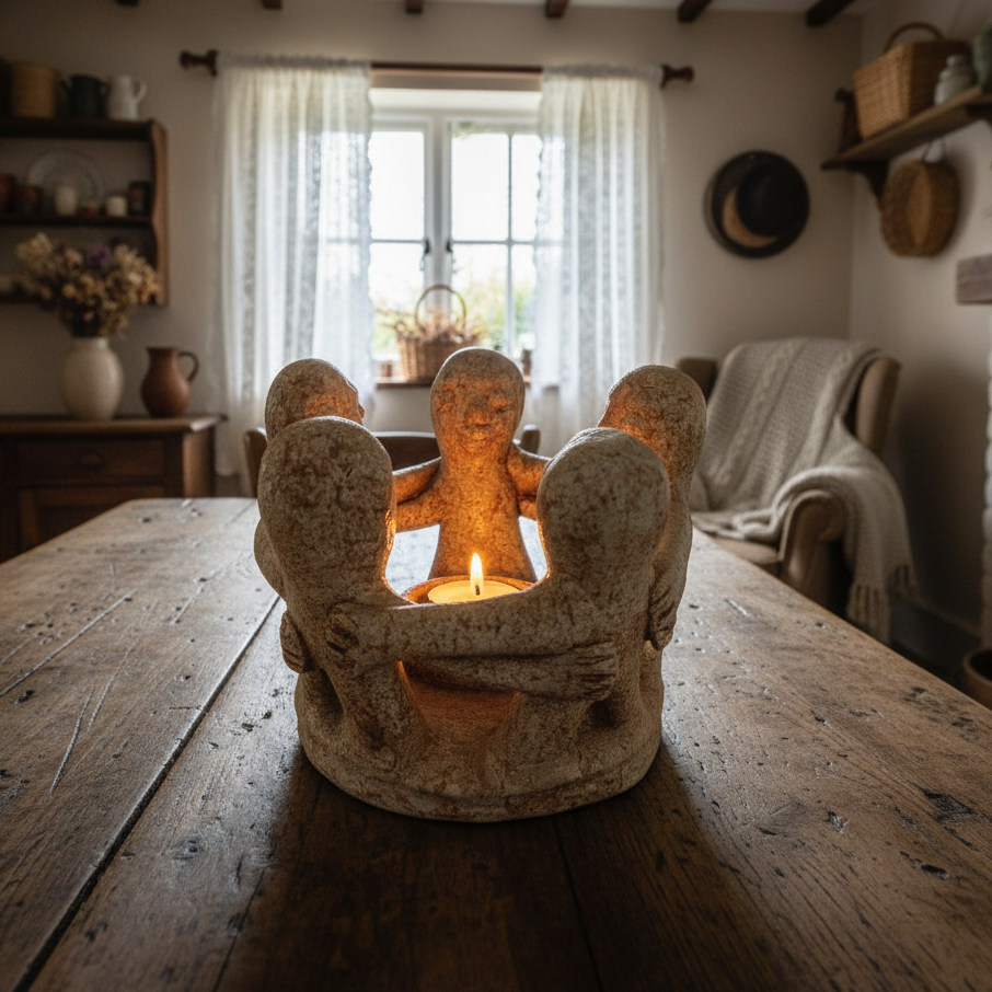 Circle of Friends Terra Cotta Tea Light Candle Holder on a wooden kitchen table in a country cottage with the candle lit showing a warm glow.