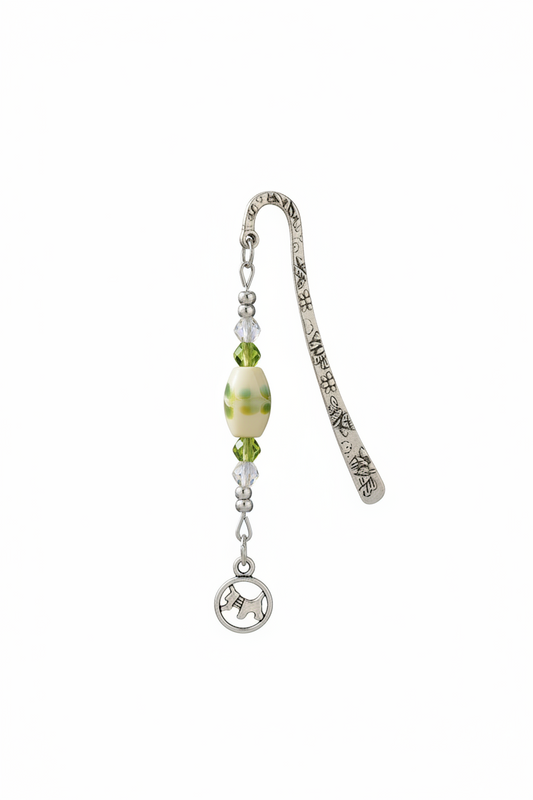 Pet Terrier Handmade Beaded Silver Plated Bookmark - One of a Kind on a white background showing charm detail.