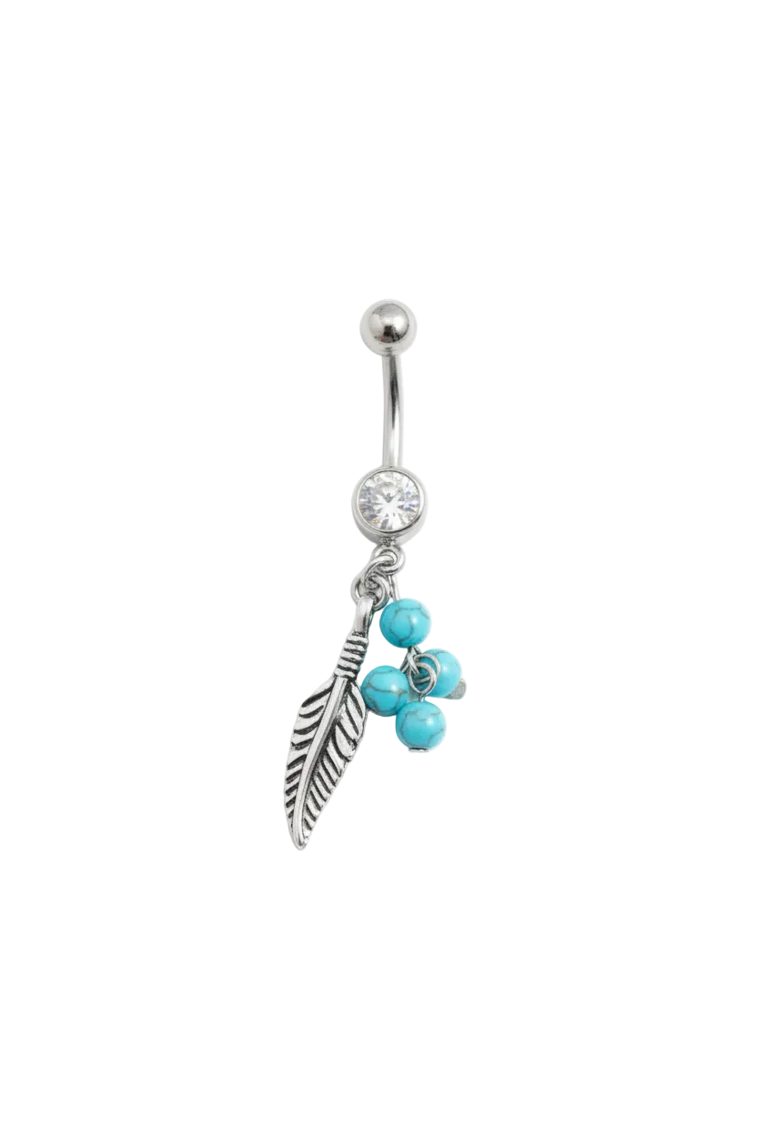 Clear Crystal Turquoise Feather Belly Button Ring in 316l stainless steel close up detail.