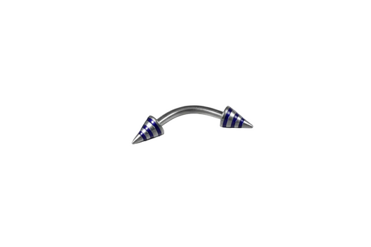 Blue Striped Steel Spike Eyebrow Ring in 316l stainless steel close up detail.