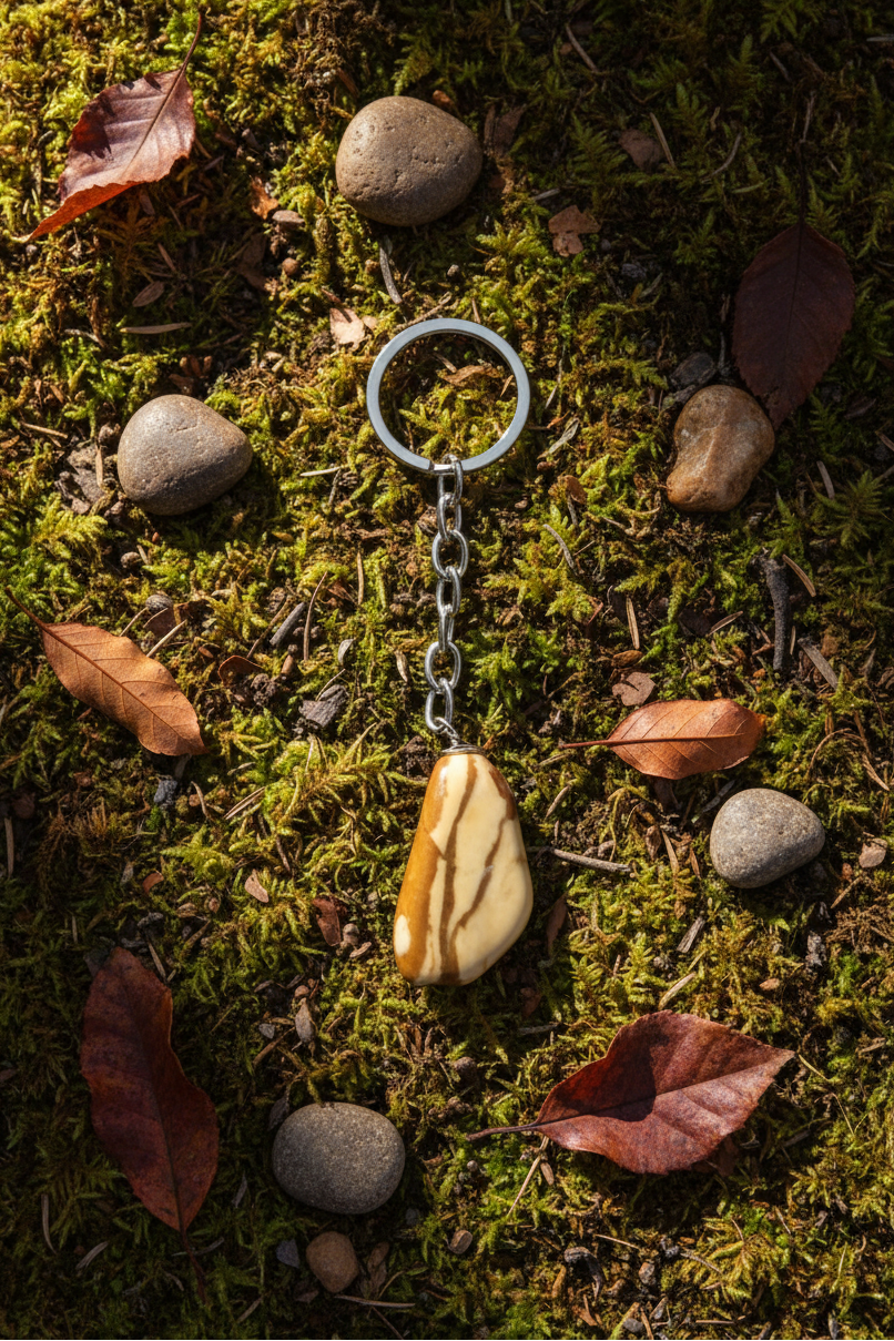 Brown and White Agate Natural Earth Stone Handmade Steel Plated Keychain placed in a green mossy natural earth setting surrounded by colorful leaves and pristine nature.