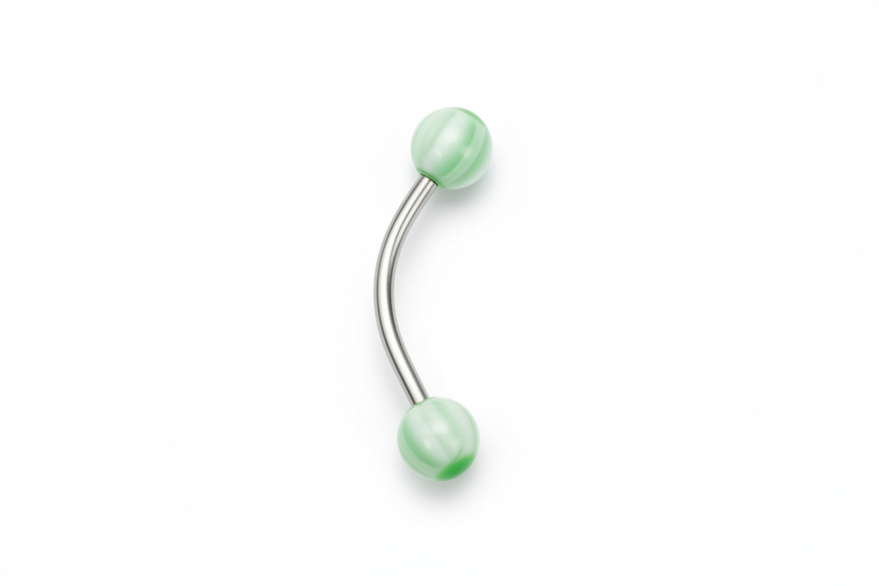 Green and White Acrylic Eyebrow Ring in 316l stainless steel close up detail.
