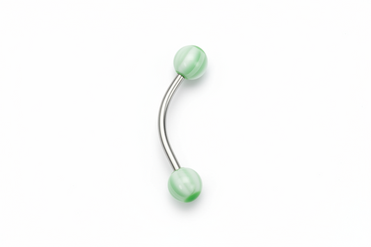 Green and White Acrylic Eyebrow Ring in 316l stainless steel close up detail.
