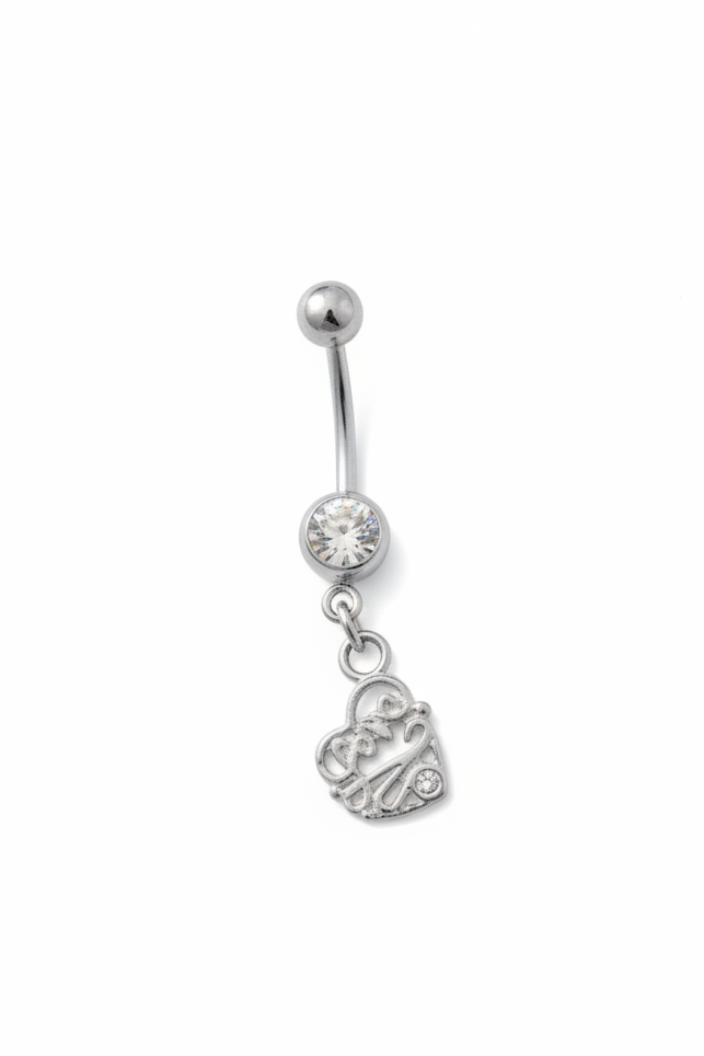 Clear Crystal "Love" Heart Belly Button Ring in 316l stainless steel close up detail.