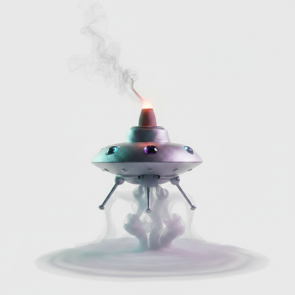 Mini Alien Ship Wooden Back Flow Incense Burner lifting off on a white background with incense burning and smoke flowing downwards like exhaust.