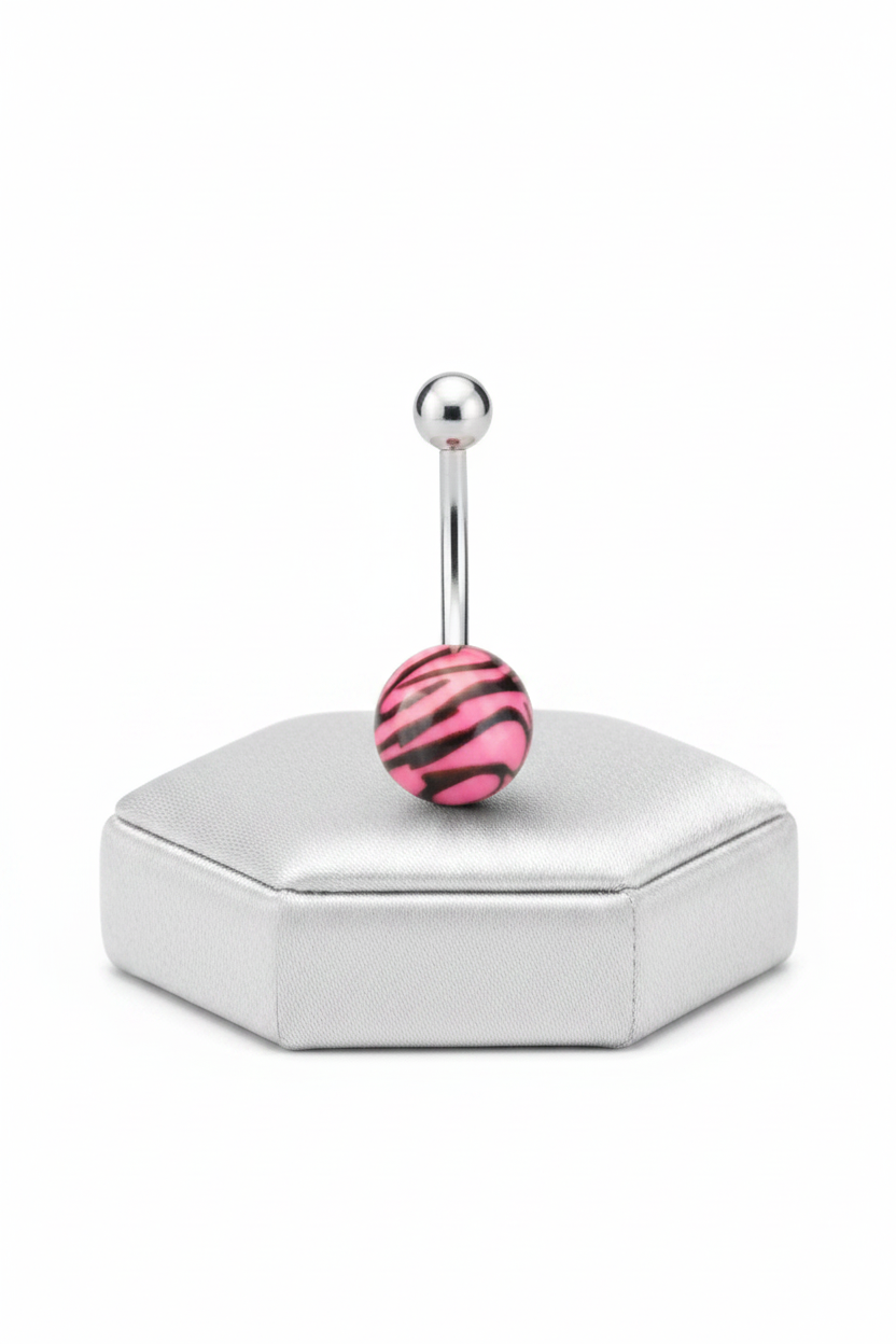 Pink Tiger Striped Acrylic Belly Button Ring in 316l stainless steel on silver silk jewelry display upright position.