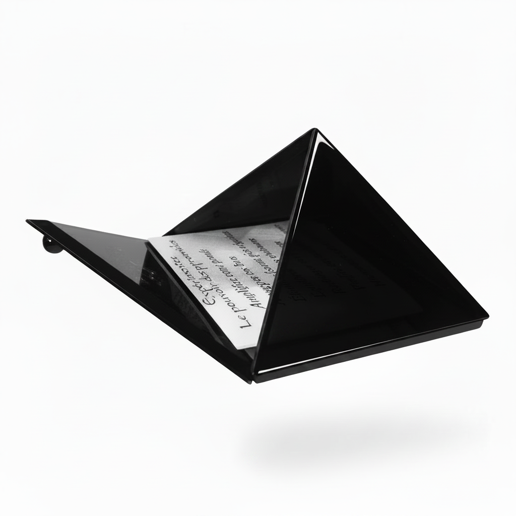 Black mini glass pyramid keepsake box with mirrored base open on a white background side profile.