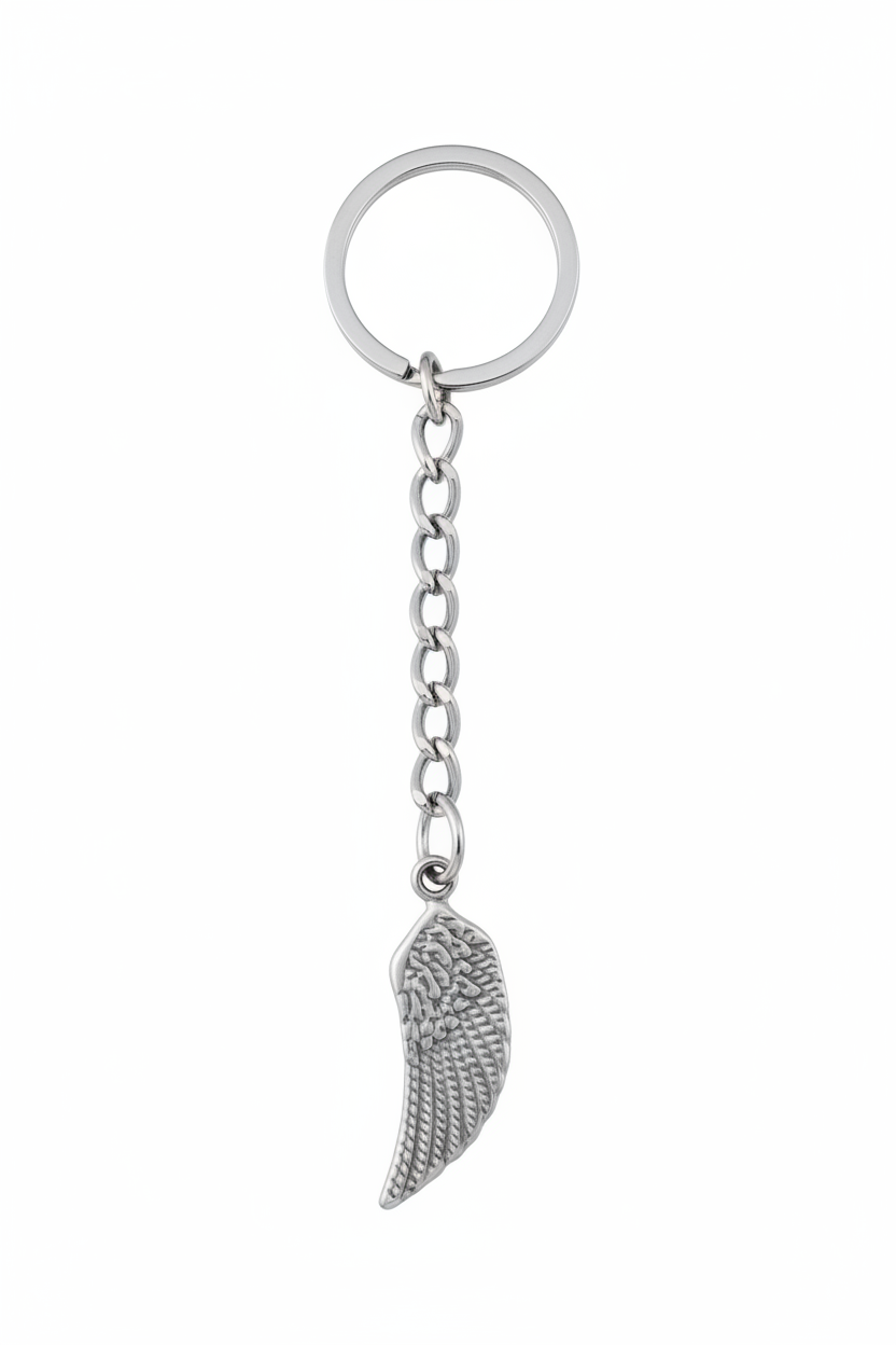 Bird Wing Handmade 316L Stainless Steel Charm Keychain on a white background.