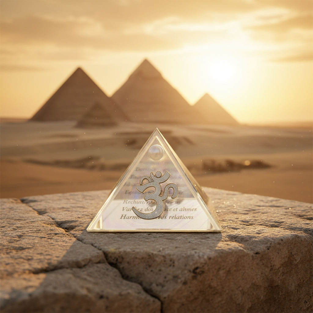 White Ohm Symbol Mini Glass Pyramid Keepsake Box on a stone surface with Giza plateau in the background.
