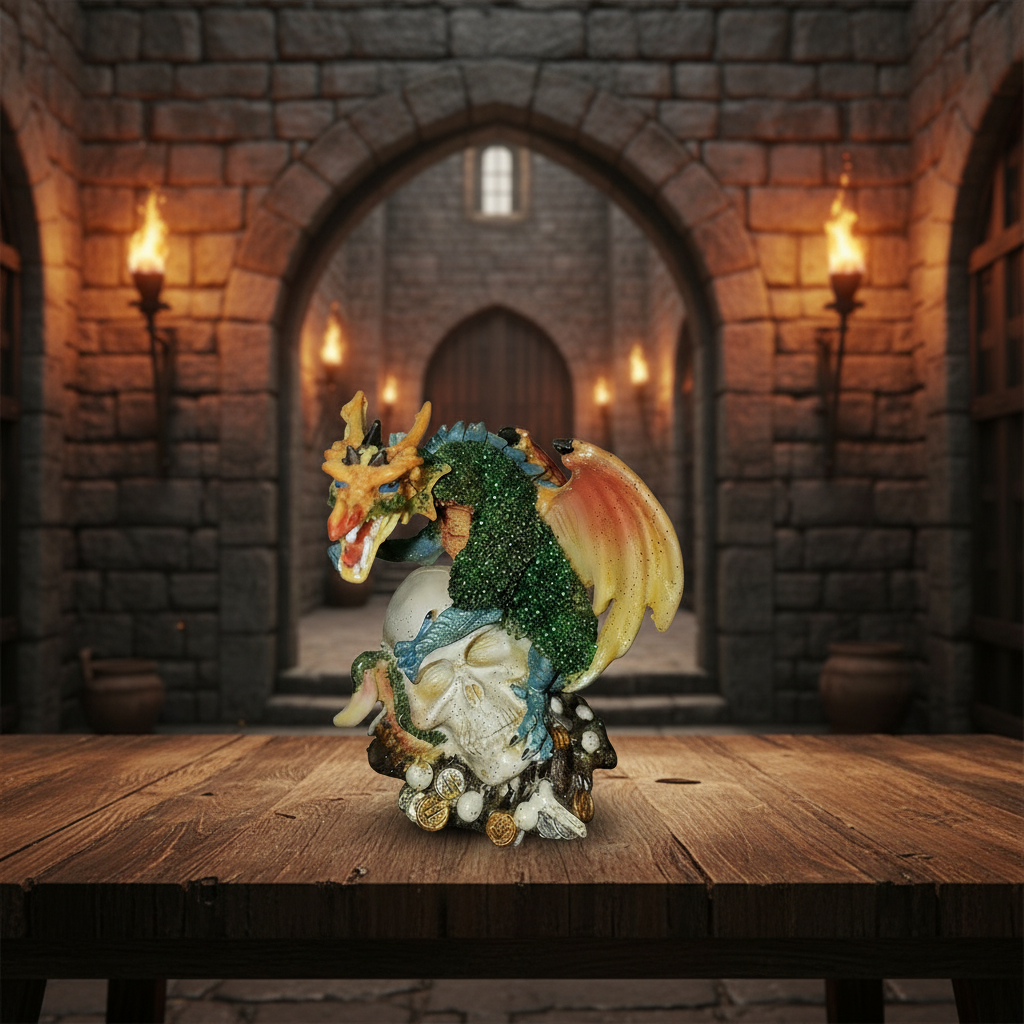 Green Dragon on Skull Head Resin Figurine - Mystical Home Decor on a wooden table in a medieval castle setting.