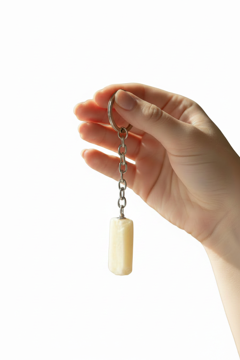 White Agate Natural Earth Stone Handmade Steel Plated Keychain held by a hand showing scale.