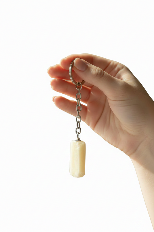 White Agate Natural Earth Stone Handmade Steel Plated Keychain held by a hand showing scale.