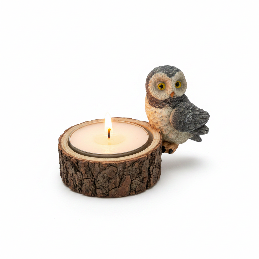 Gray Owl Wooden Stump Resin Tea Light Candle Holder on white background with the candle lit showing a warm glow.