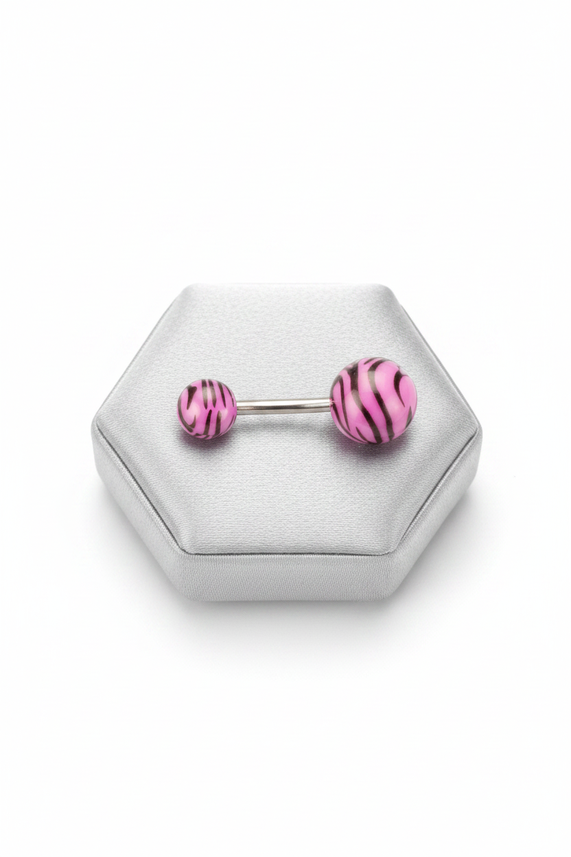 Purple Tiger Striped Acrylic Belly Button Ring in 316l stainless steel on a silver jewelry display.