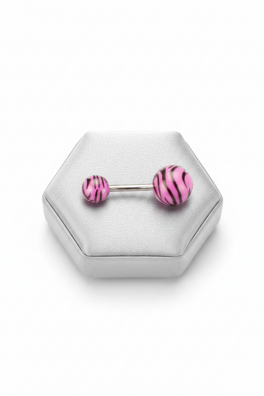 Purple Tiger Striped Acrylic Belly Button Ring in 316l stainless steel on a silver jewelry display.