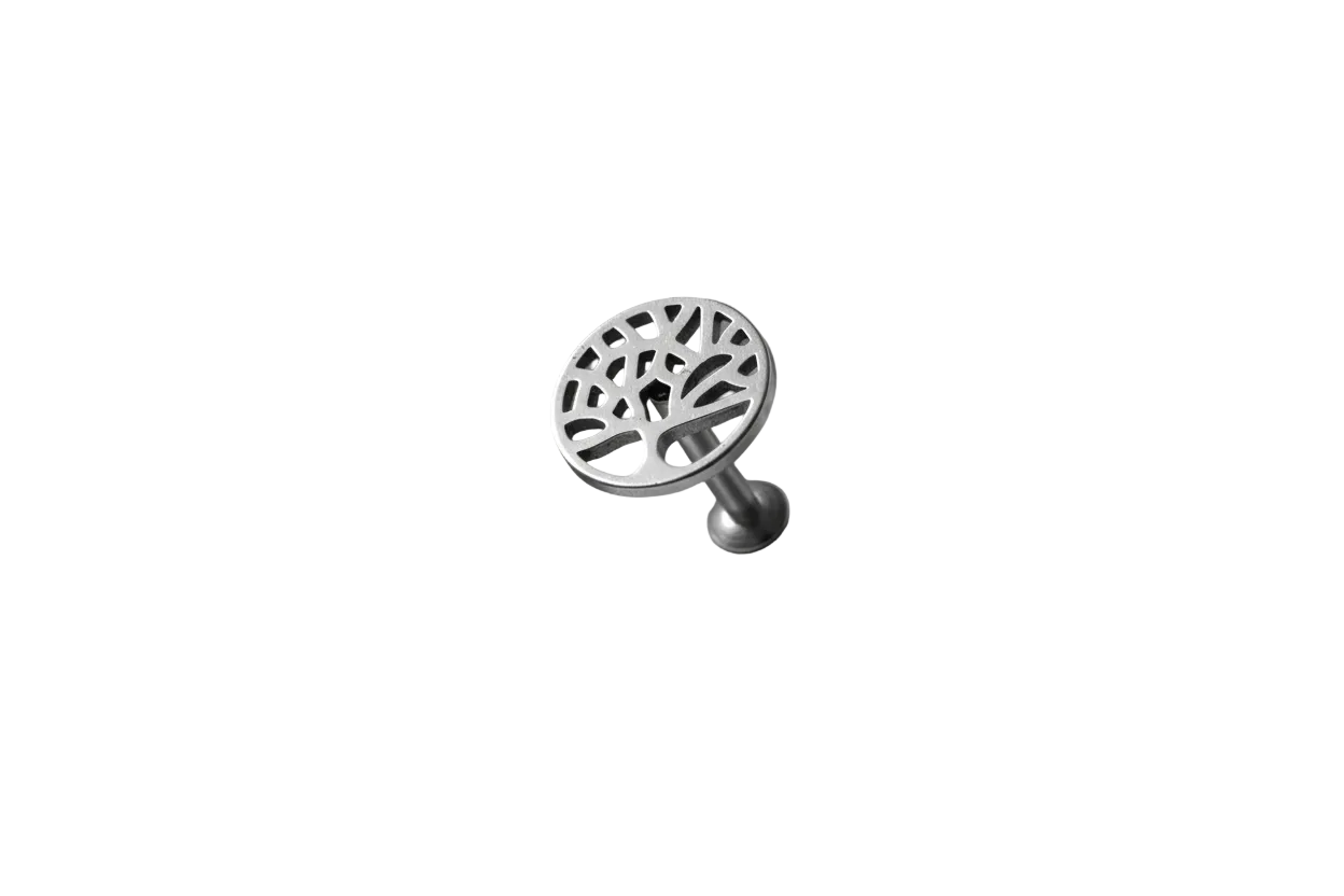 Internally Threaded Tree of Life Labret Lip Ring in 316l stainless steel close up detail.