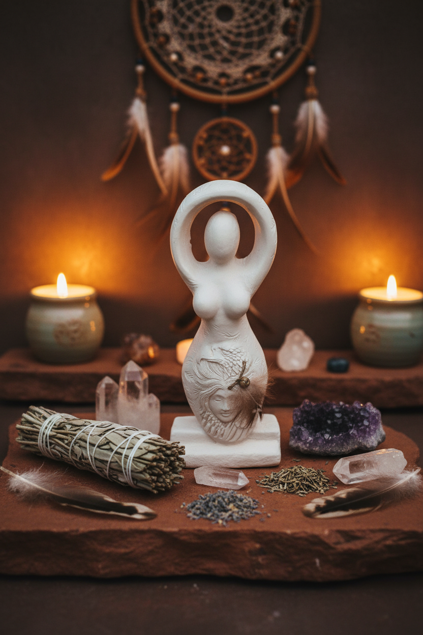 Ancient Goddess Great Eagle Spirit Ceramic Mini Figurine - Altar & Sacred Space on a spiritual Native altar.