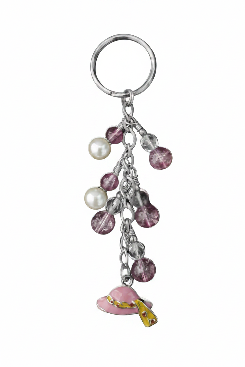 Little Pink Enamel Hat Handmade Beaded Keychain on a white background.