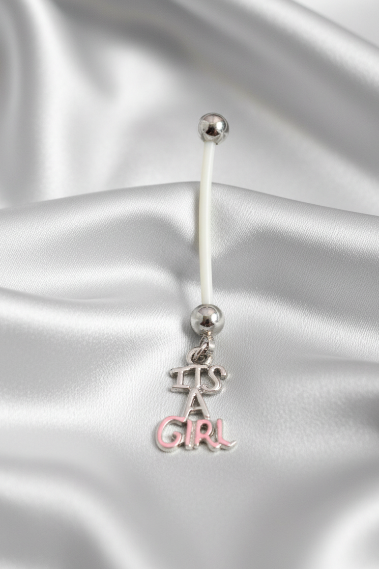 Pink "It's a Girl!" Acrylic Pregnancy Belly Button Ring in 316l stainless steel.