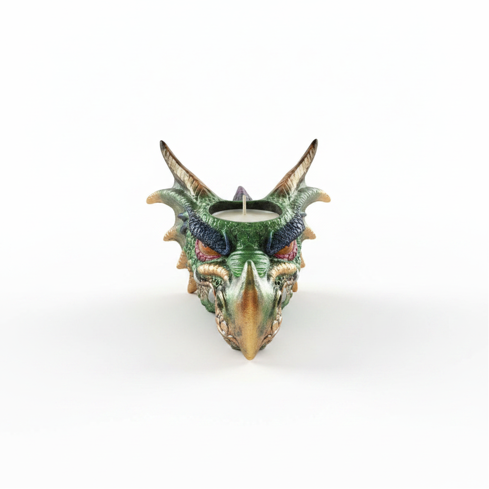 Mystical Rainbow Dragon Head Resin Tea Light Candle Holder on a white background.