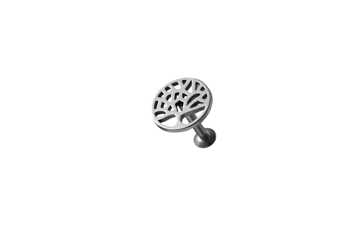 Internally Threaded Elegant Tree of Life Labret Lip Ring in 316l stainless steel.
