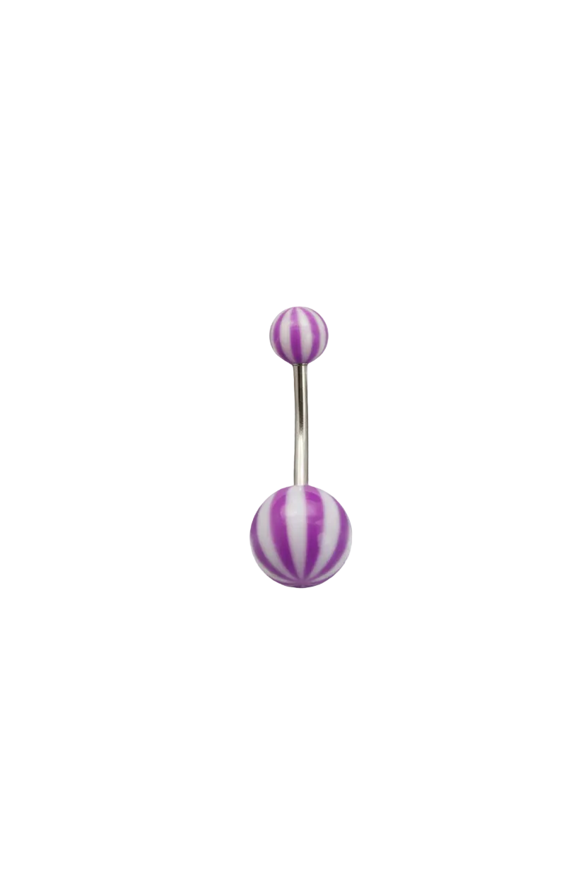 Purple and White Striped Acrylic Belly Button Ring in 316l stainless steel on a white background.