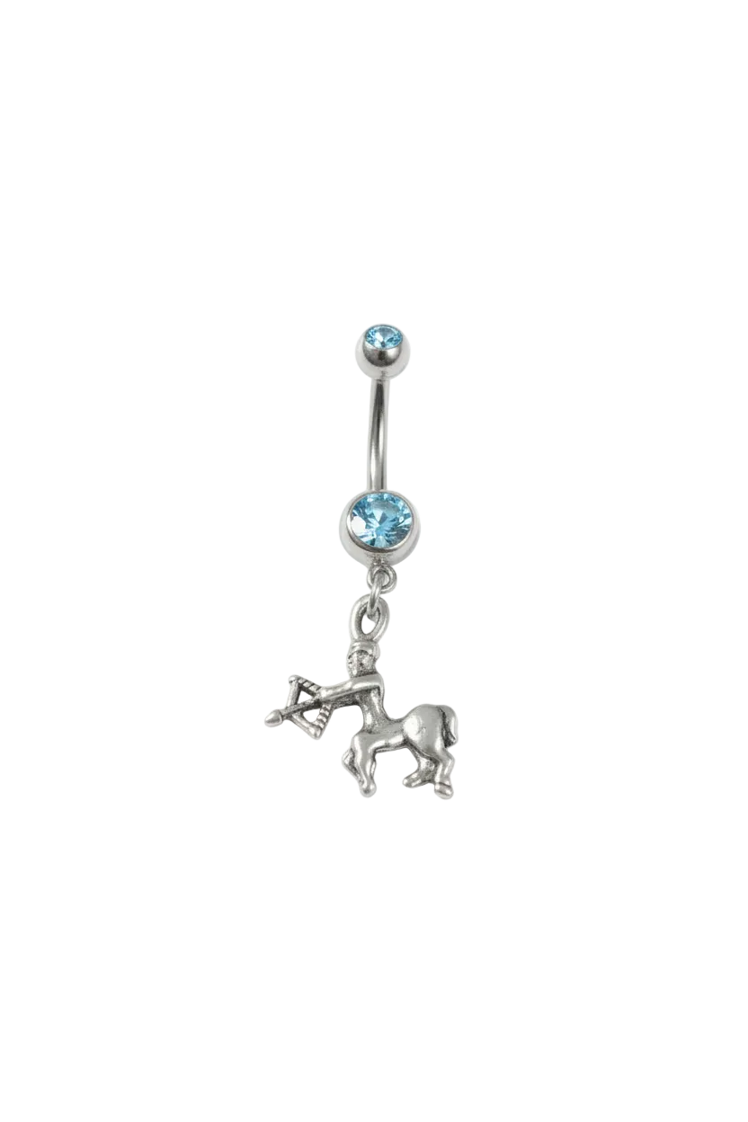 Blue Crystal Sagittarius Belly Button Ring in 316l stainless steel close up detail.