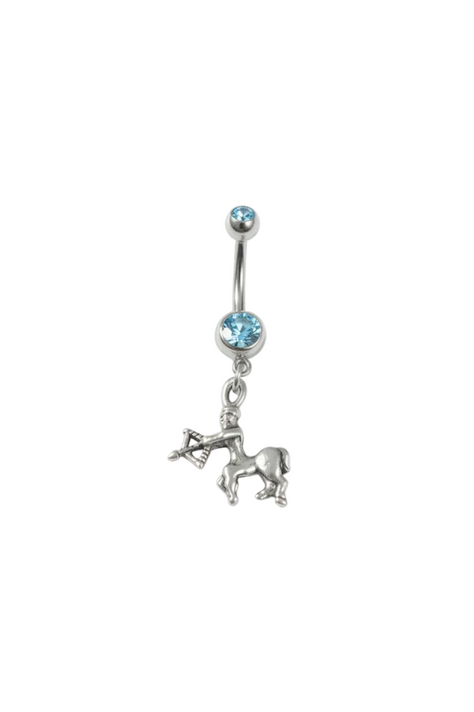Blue Crystal Sagittarius Belly Button Ring in 316l stainless steel close up detail.