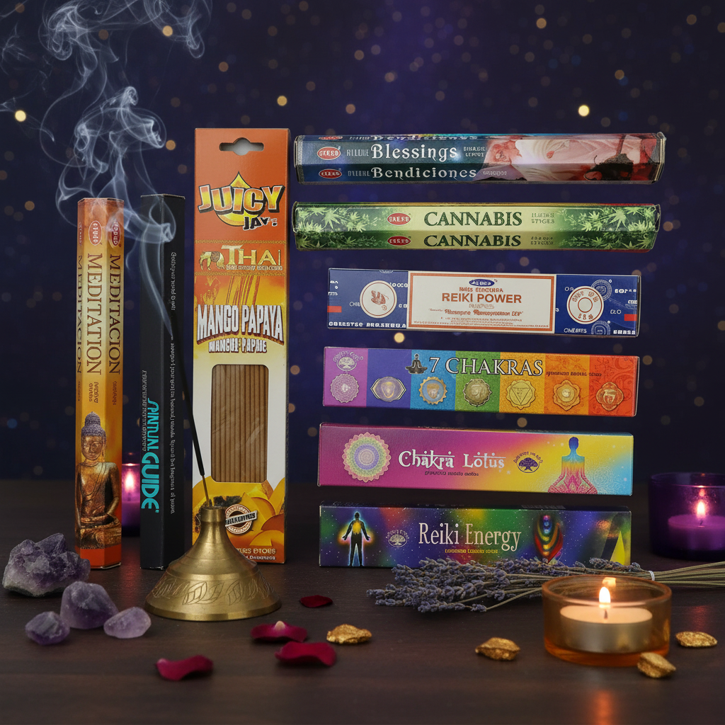Energy Healing Incense Variety Gift Package burning in a mystic setting with smoke rising.