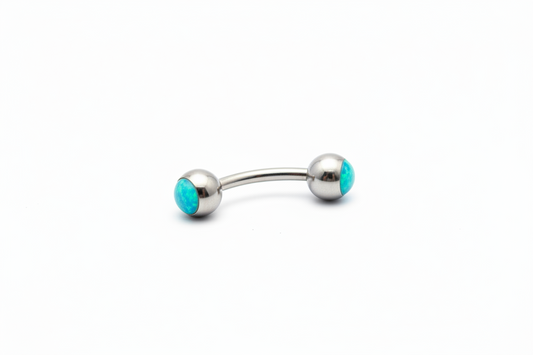 Blue Opal Steel Eyebrow Ring in 316l stainless steel close up detail.