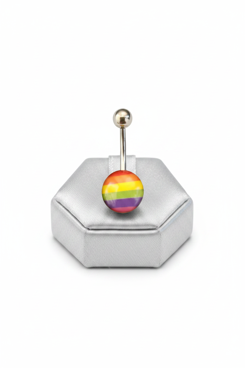 Rainbow Belly Button Ring in 316l stainless steel on a silver jewelry display upright position.