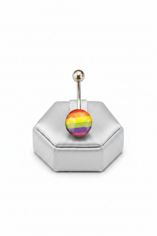 Rainbow Belly Button Ring in 316l stainless steel on a silver jewelry display upright position.