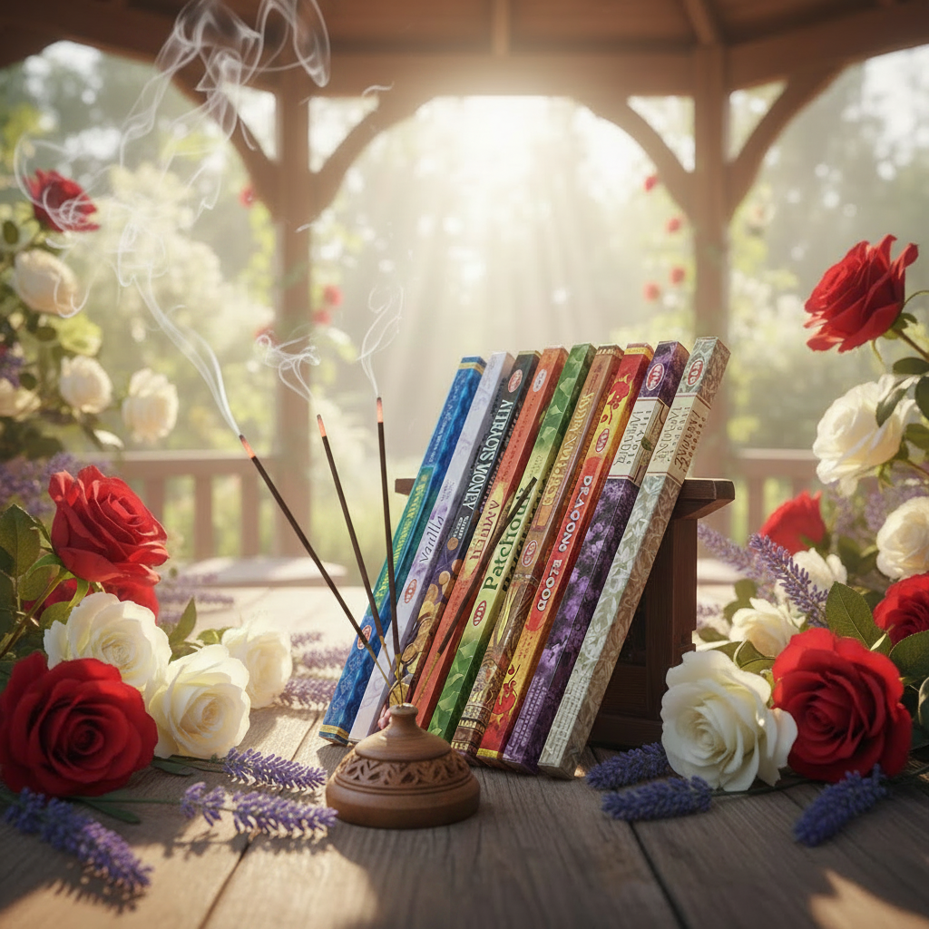 Wealthy Relaxation Incense Variety Gift Package on a wooden table in a rose garden gazebo with incense burning and smoke rising.