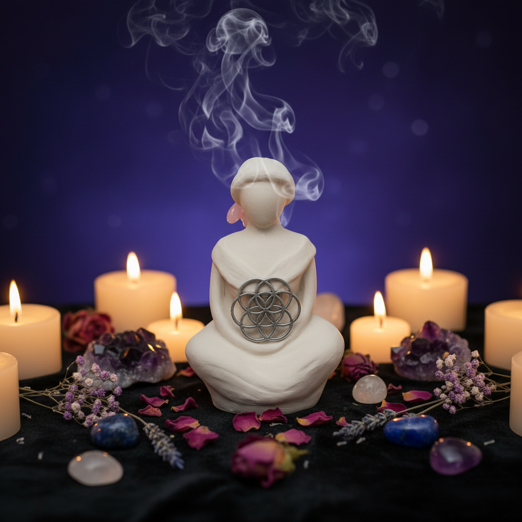 Ancient Goddess of the Sacred Flower Terra Cotta Mini Figurine - Altar & Sacred Space in a mystic setting.
