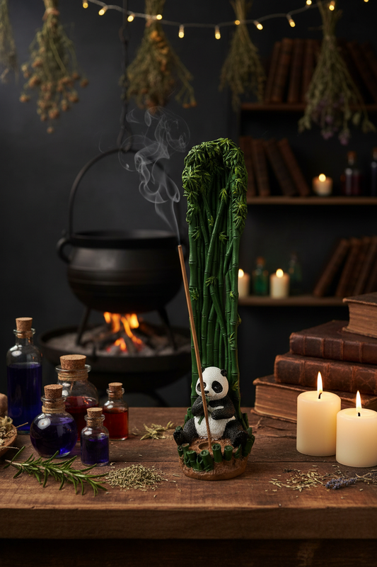 Panda Bear Resin Incense Holder on the counter in a mystic kitchen with incense burning and smoke rising.