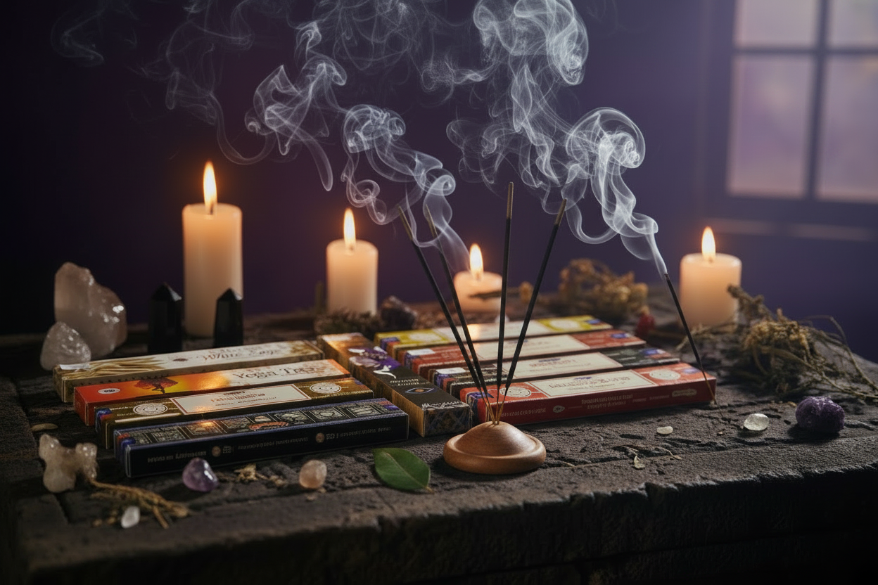 Nocturnal Wisdom Incense Variety Gift Package burning in a mystic setting with smoke rising.