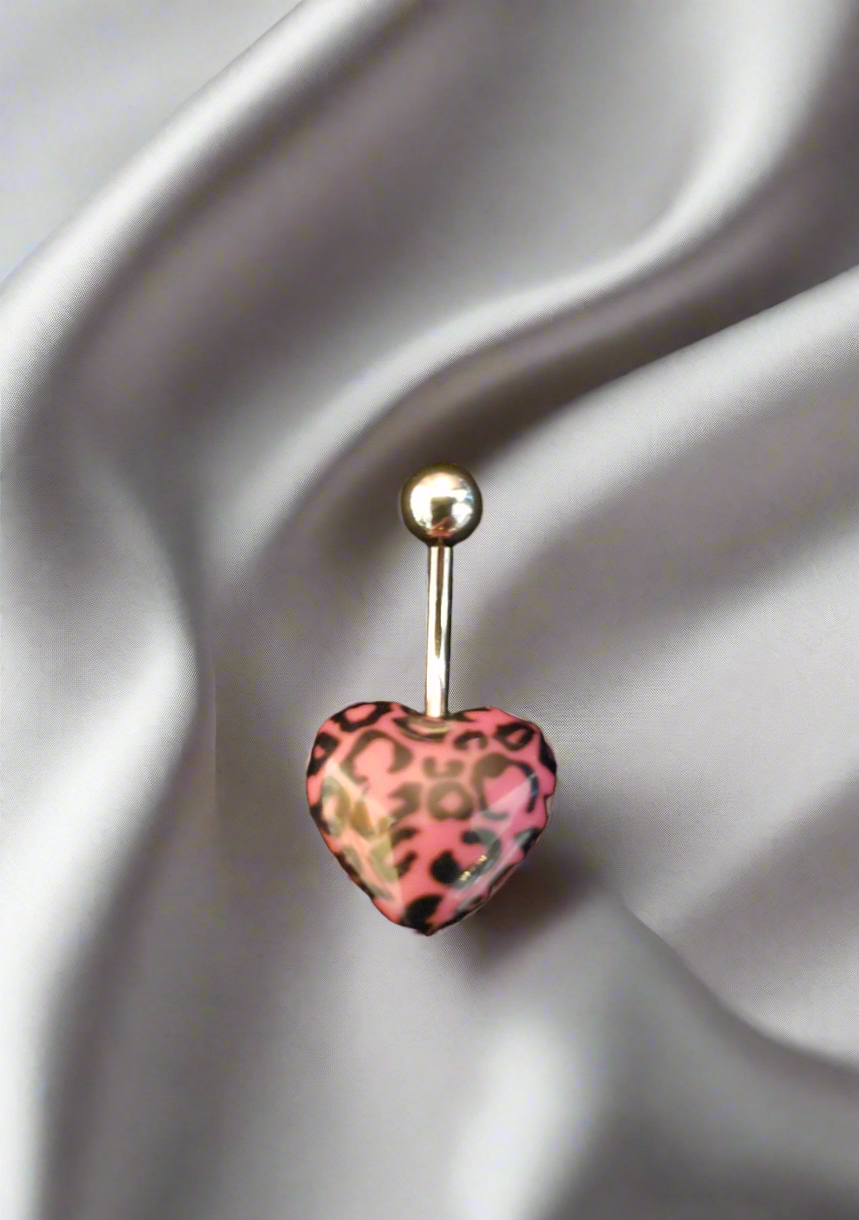 Stainless Steel Pink Leopard Print Heart Acrylic Belly Piercing