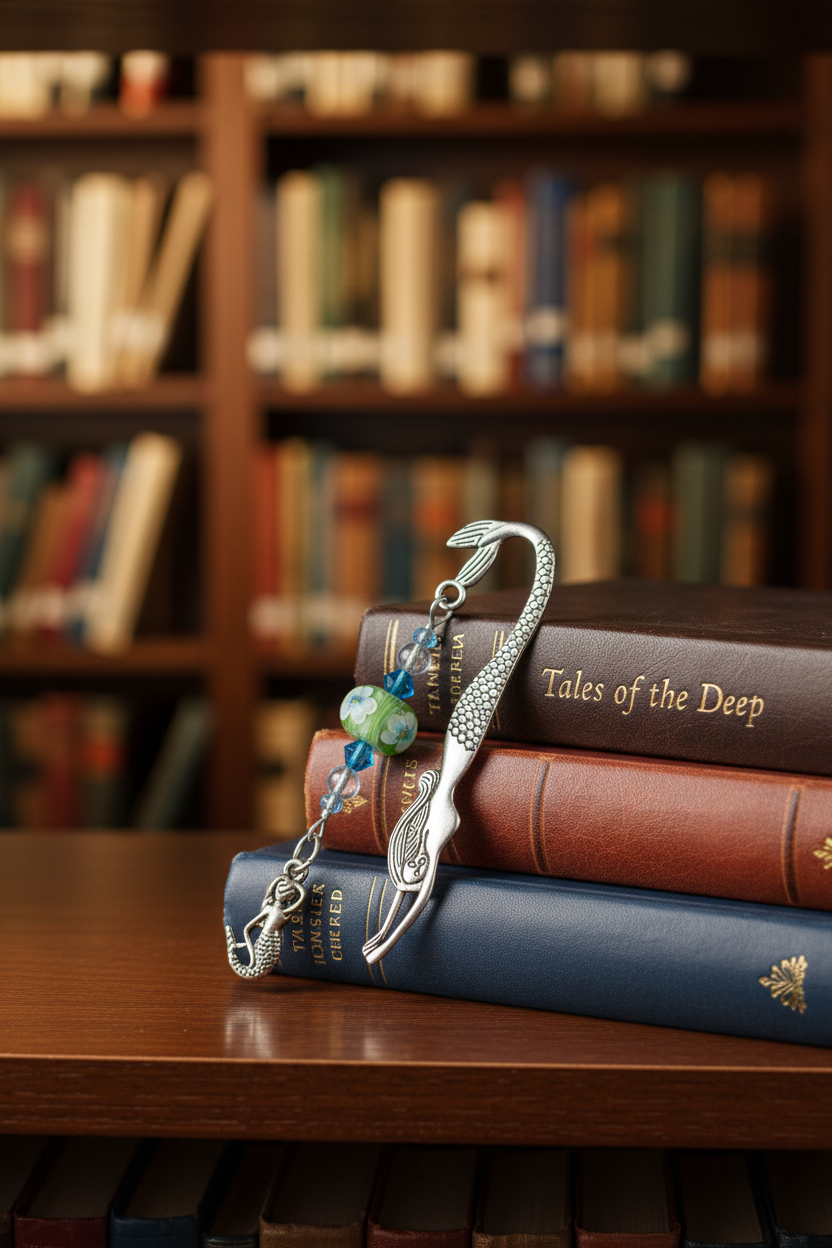 Nautical Handmade Beaded Mermaid Pewter Bookmark - One of a Kind shown with books in a library setting.