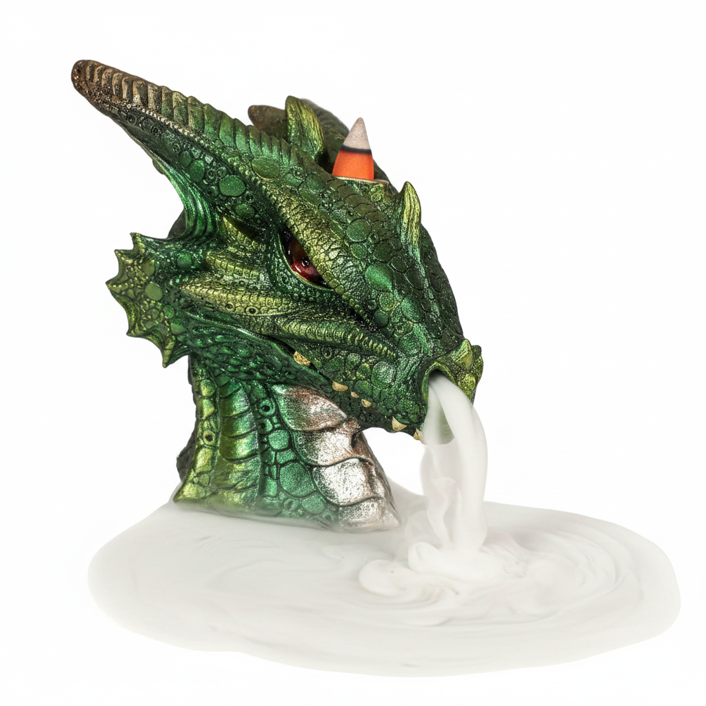 Green Medieval Dragon Head Back Flow Resin Incense Holder - Free Incense on a white background with incense burning and smoke cascading downwards.