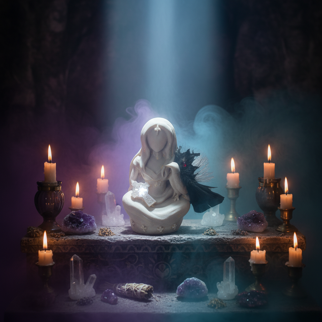 Ancient Goddess Morrigan Terra Cotta Mini Figurine - Altar & Sacred Space in a mystic setting.